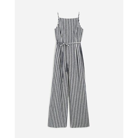 Madewell Pleated Wide-Leg Pinstripe Linen Jumpsuit Navy White Size 4 - Picture 4 of 8